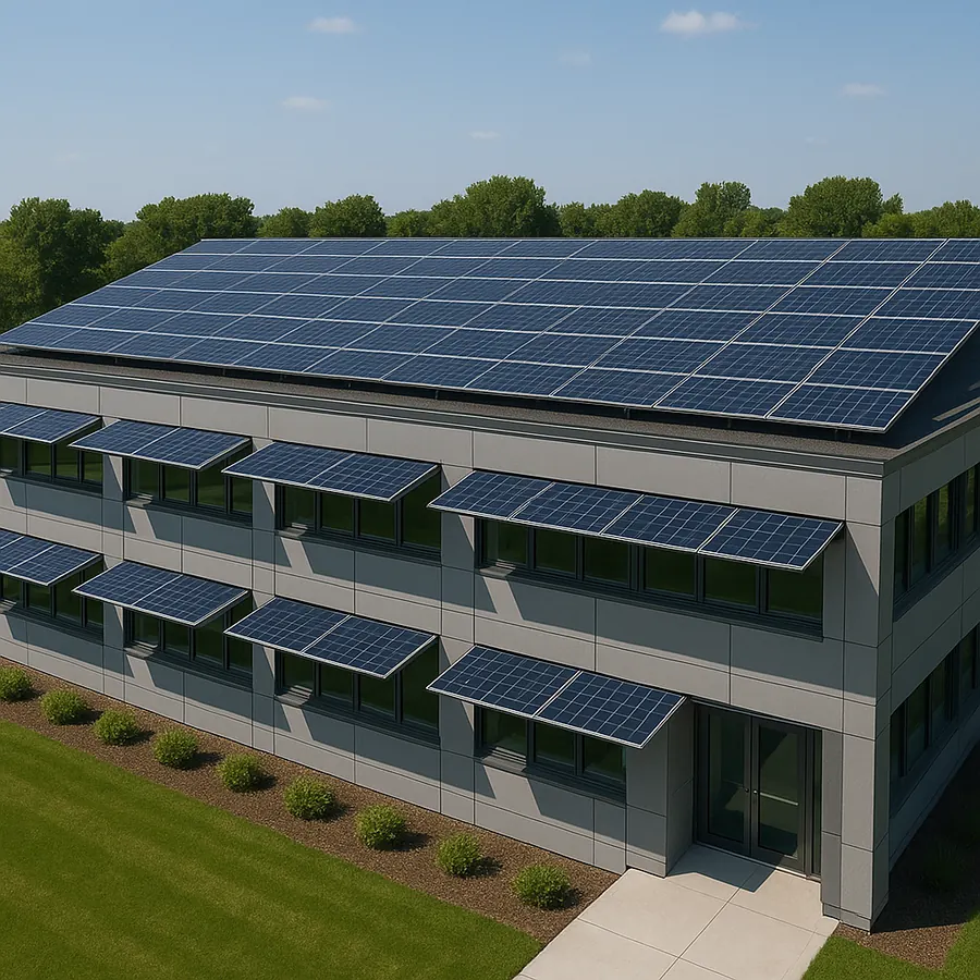 Bâtiment de bureaux couvert de panneaux photovoltaïques en revente totale